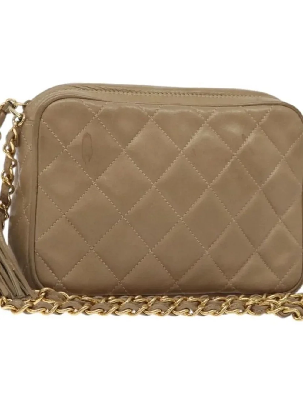 CHANEL Matelasse Chain Shoulder Bag Lamb Skin Beige Gold CC Auth 127575